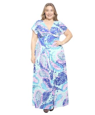 Plus Size Abstract Empire Waist Cap-Sleeve Maxi Dress