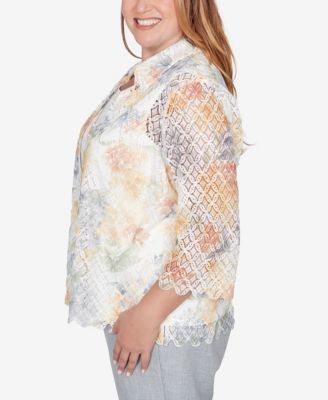Plus Size Al Fresco Lace Floral Two In One Top with Necklace