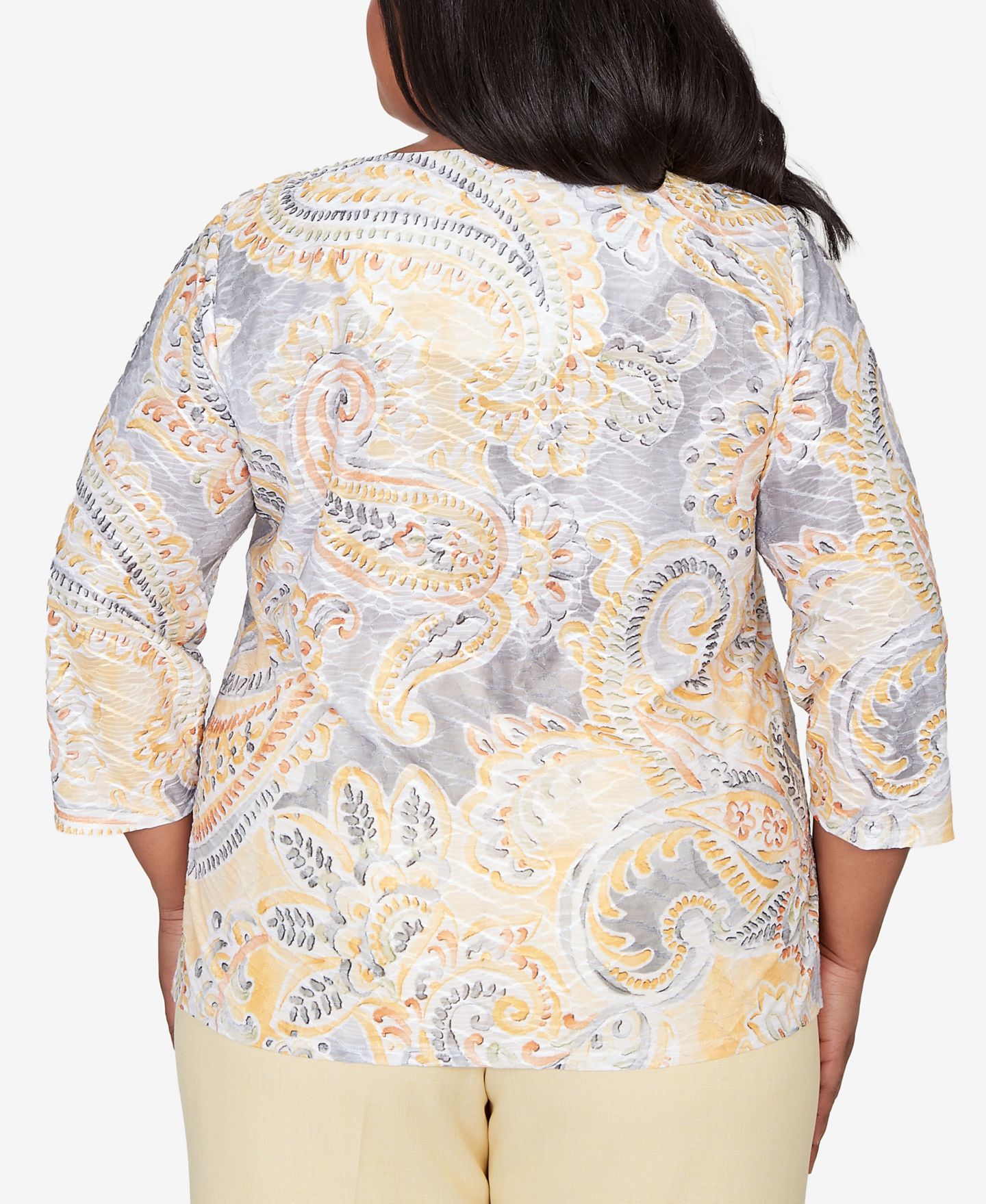 Женский топ Alfred Dunner Plus Size Al Fresco Paisley Printed Patch Knit, цвет: Разноцветный жёлтый — фото 5