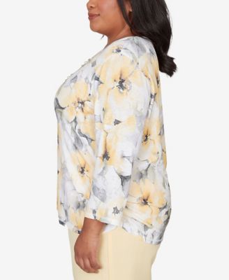 Plus Size Al Fresco Watercolor Floral Side Ruched Top with Necklace