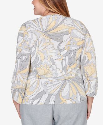Plus Size Al Fresco Abstract Butterfly Ribbed Crew Neck Sweater