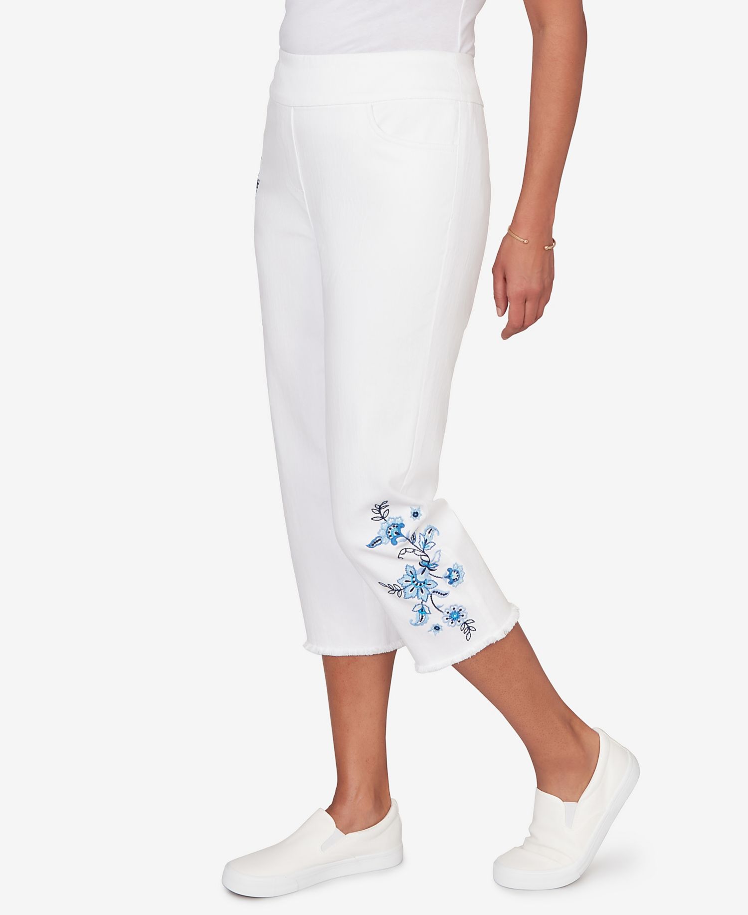 Plus Size Mykonos Floral Embroidered Fringe Super Stretch Denim Capri Pants