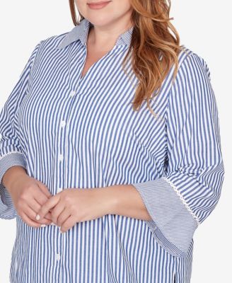 Plus Size Mykonos Mixed Stripe Button front closure Lace Trim Top
