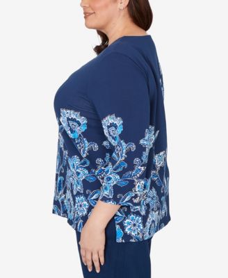 Plus Size Mykonos Asymmetrical Floral Split Beaded Neck Top
