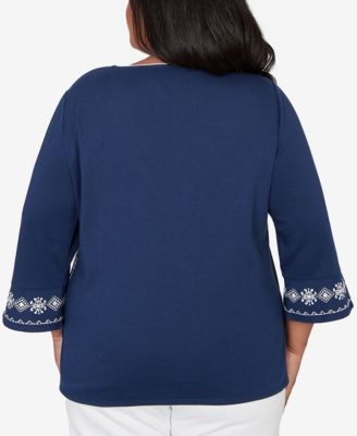 Plus Size Mykonos Diagonal Scroll Embroidered Crew Neck Top