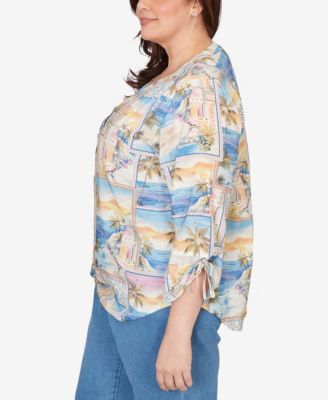 Plus Size Beachcomber Postcard Print Tie Sleeve Henley Top