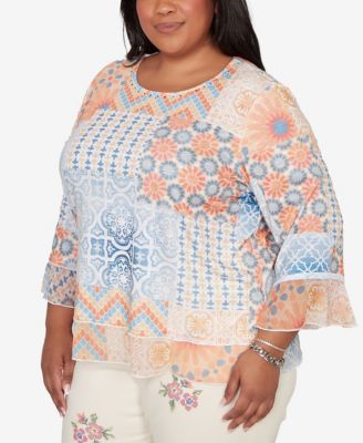 Plus Size Beachcomber Patchwork Medallion Ruffle Sleeve Top