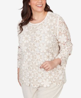 Plus Size Natural Wonder Floral Crochet Three Quarter Sleeve Top