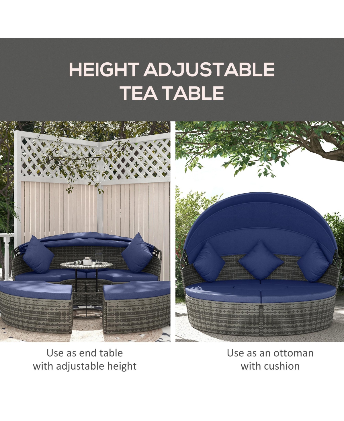 Outsunny Daybed Patio Furniture Set, Chairs, Sofa, Table Ottoman, Dark Blue
