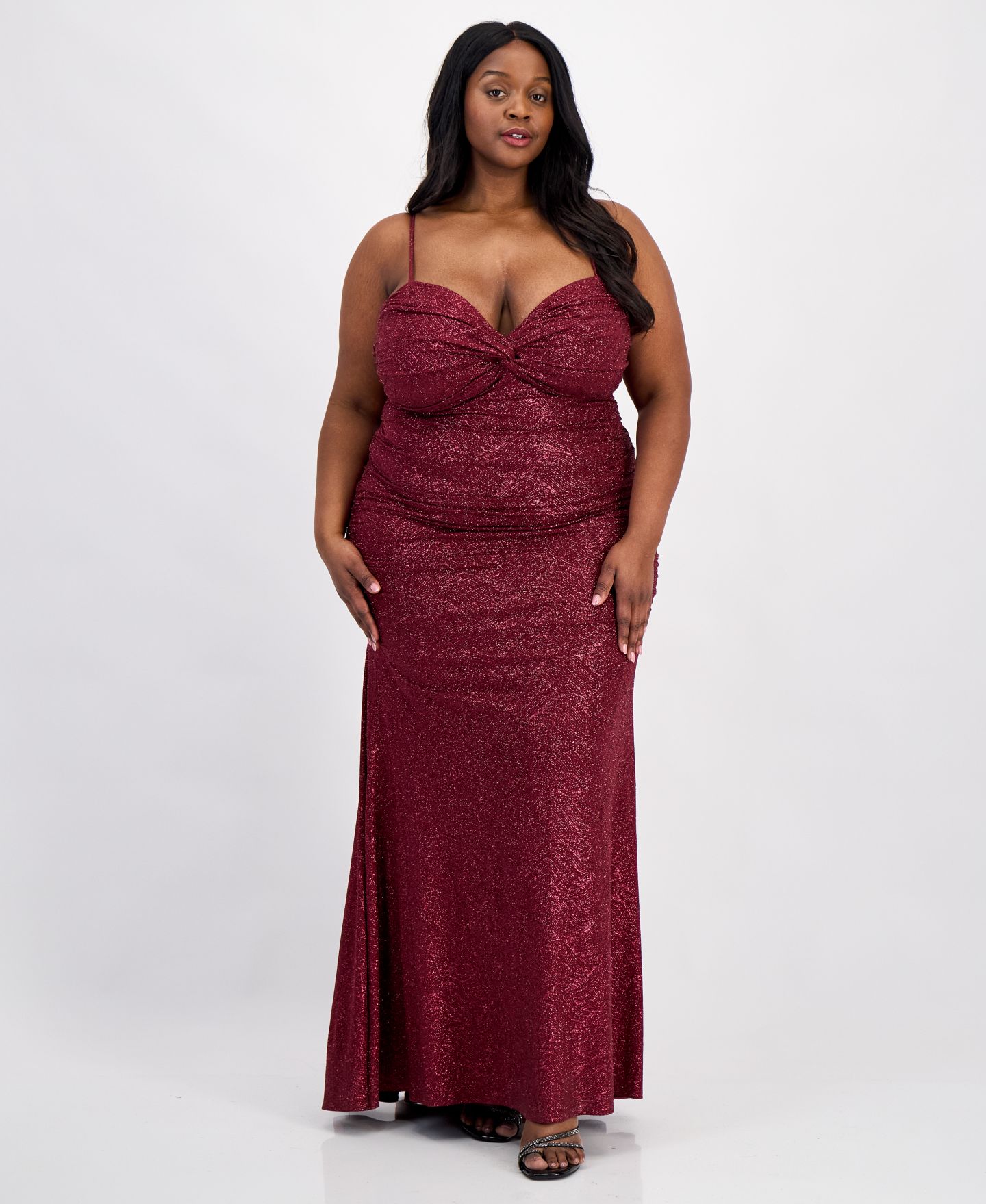 Женские платья Emerald Sundae Trendy Plus Size Glitter-Knit Twist-Front Gown, цвет: Чёрный винный разноцветный — фото 1
