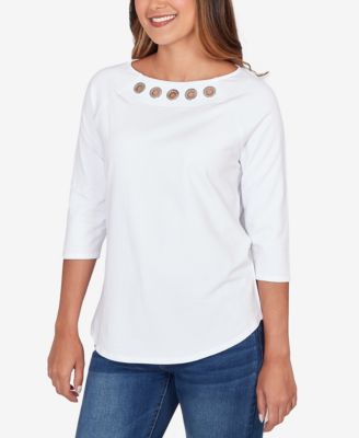 Petite Grommet Neck Solid Knit Top