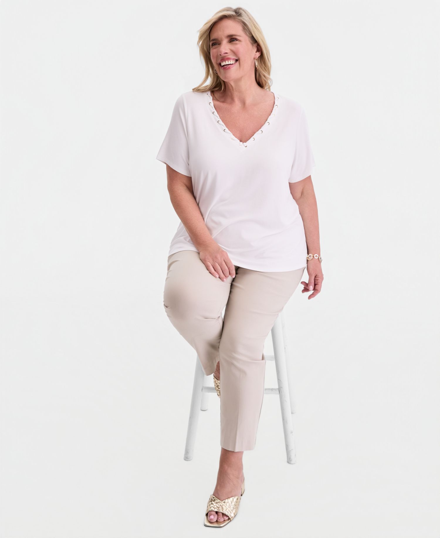 Plus Size Lace-Up V-Neck T-Shirt
