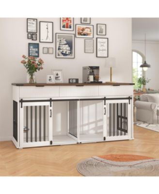 71" Double Dog Crate Furniture with Walnut Top, 3 Drawers, Outlet & Feeders