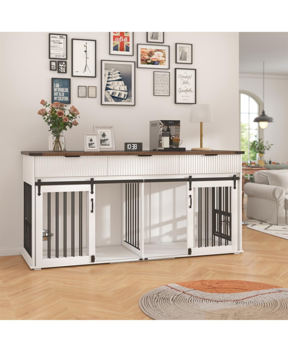 Aostirmotor 71" Double Dog Crate Furniture with Walnut Top, 3 Drawers, Outlet & Feeders