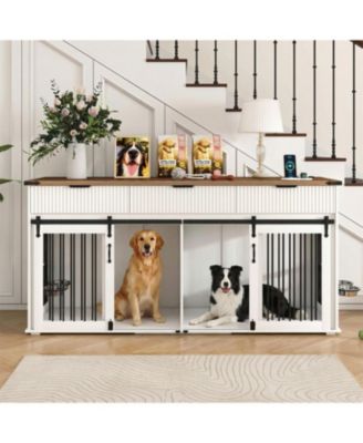 71" Double Dog Crate Furniture with Walnut Top, 3 Drawers, Outlet & Feeders