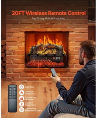 Electric Fireplace Log 23" Insert Heater with Remote Flames Timer