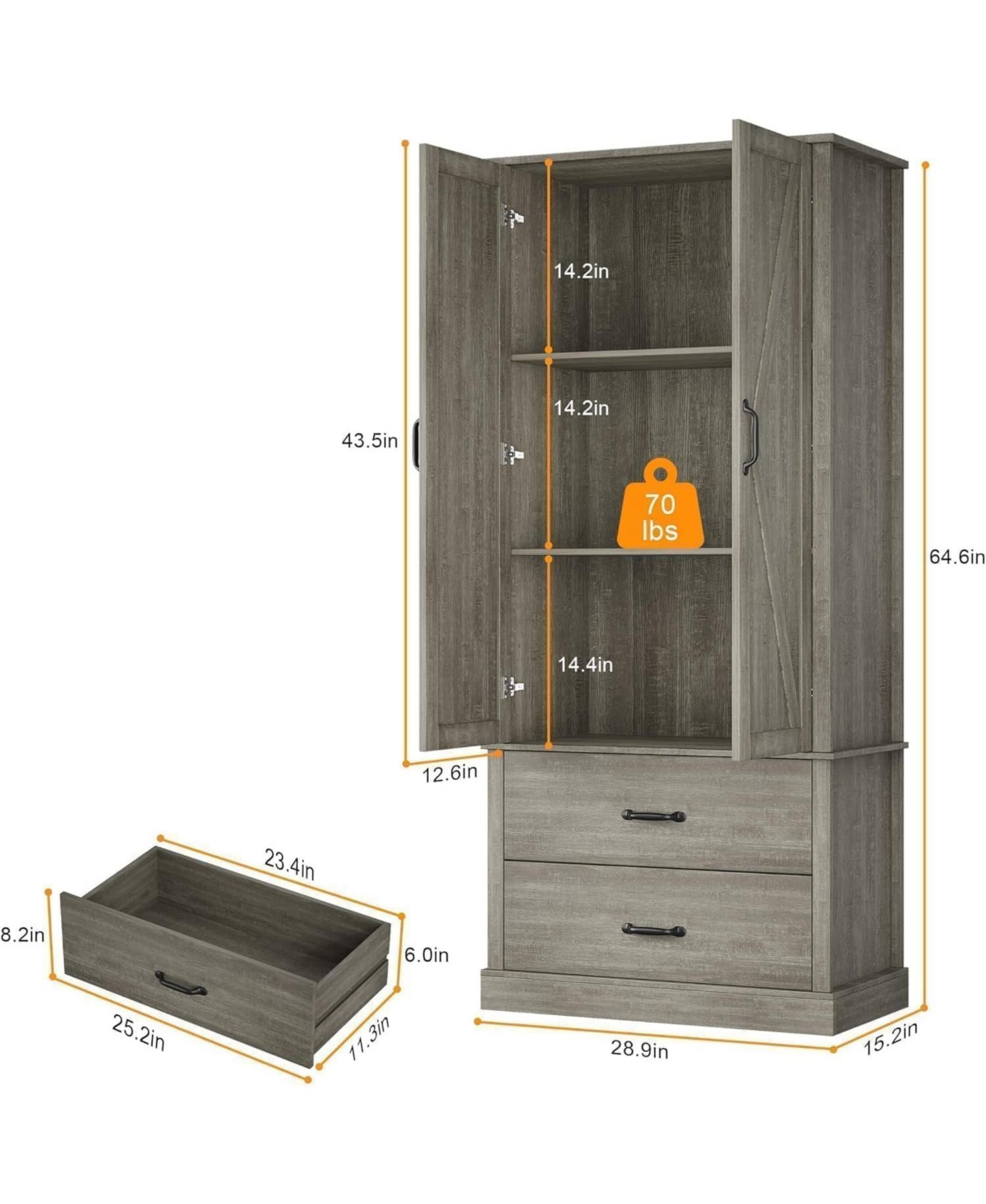 gaomon Kitchen Pantry Cabinet with 2 Drawers, Farmhouse Tall Storage Cabinet, Wood Food Barn Doors and Adjustable Shelves Versatile