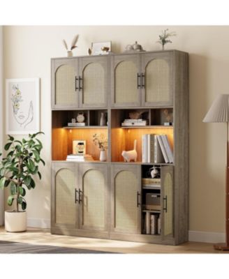 71-inch wood construction features a countertop, LED light strip, adjustable storage, and a microwave shelf, designed as a tall pantry cabinet