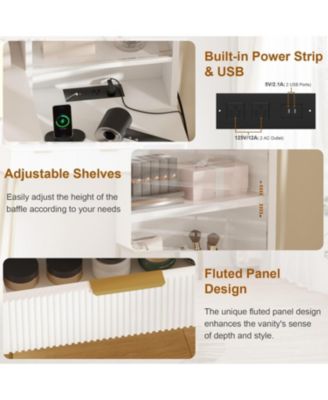 5 Drawer Makeup Vanity Desk Lights & Power Outlet, Modern Fluted Design for Bedrooms, Apartments, Easy to Assemble