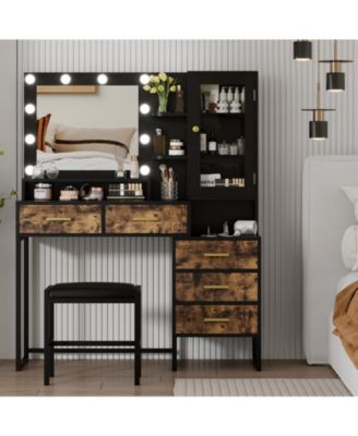 Large Makeup Vanity Desk  Mirror LED Lights Charging Station Stool Drawers and Storage Shelves for Bedrooms, Apartments