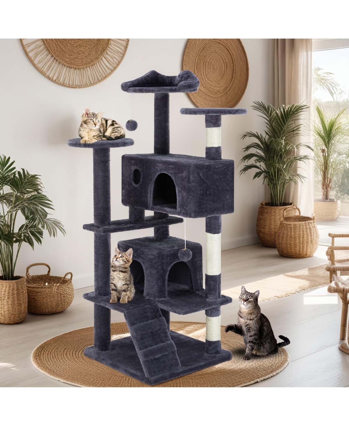 Zeus & Ruta 54in Dark Blue Multi-Functional Cat Tree: Climbing Frame, Lounge, Detachable Toy