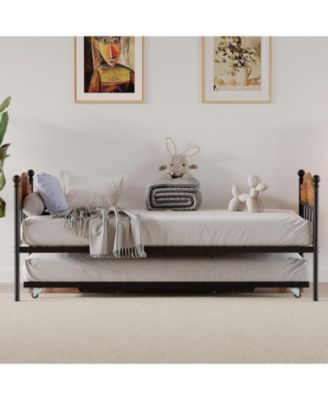 Twin Day Bed with Trundle Bed, Modern Sofa Bed Frame with Foldable Design, Metal Bed Frame & Heavy Duty Steel Slats