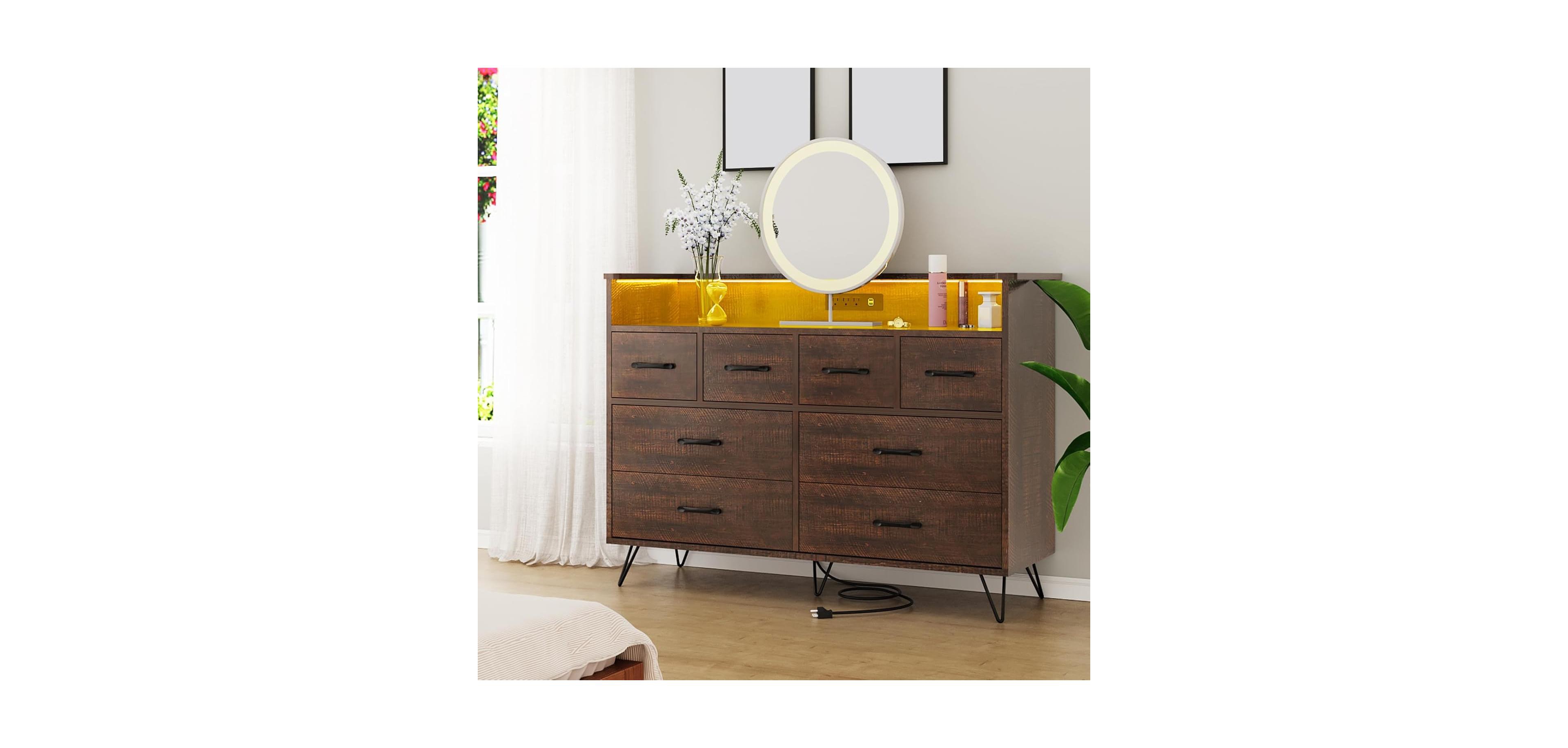 gaomon Dresser for Bedroom with Led Light & Charging Station, 8 Drawers Wooden Dressers Open Space, Modern Chest of Wide Living Room