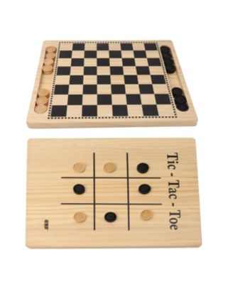 2-in-1 Reversible Natural Wood Checkers & Tic-Tac-Toe Board Game Combo Set with Game Pieces