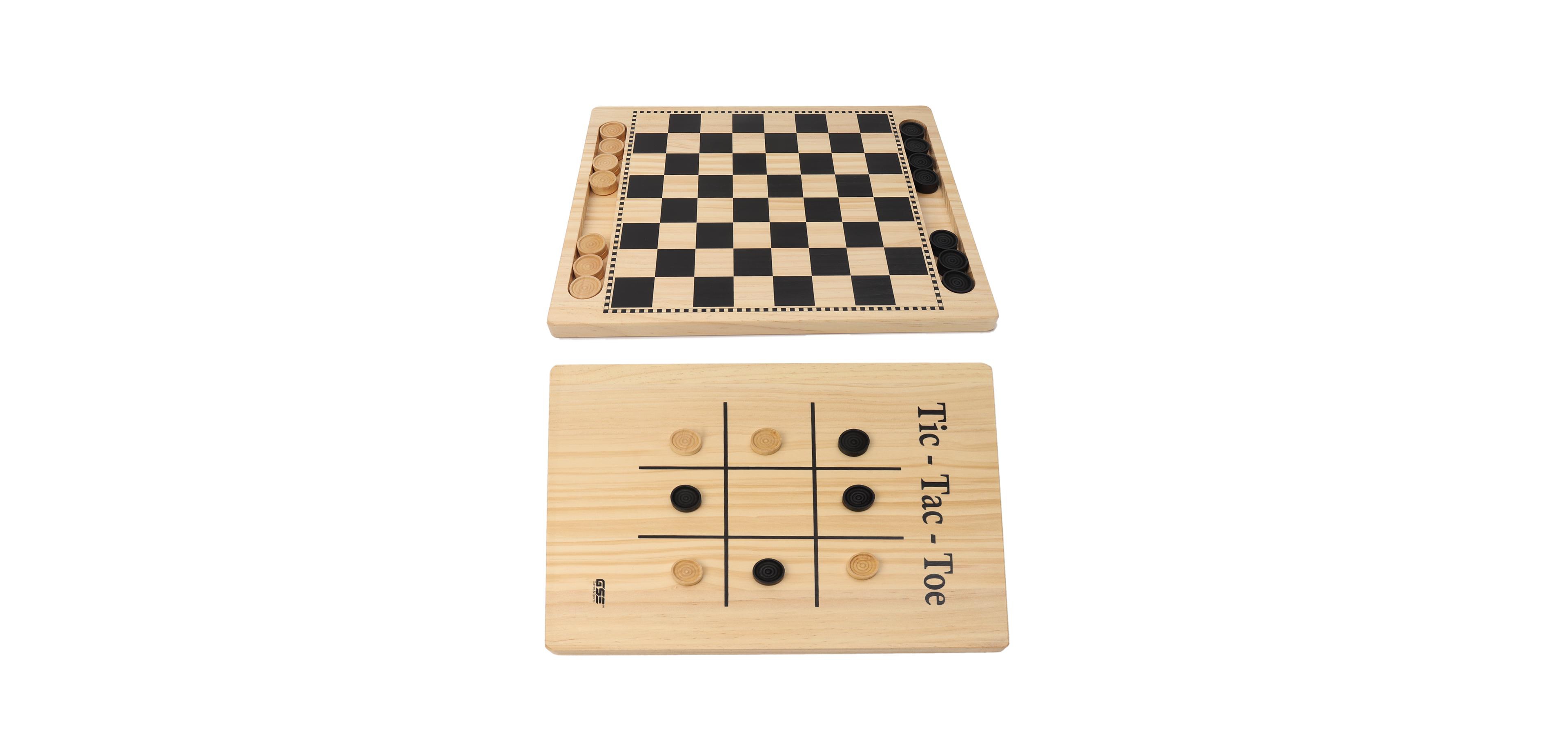 Gse Games & Sports Expert 2-in-1 Reversible Natural Wood Checkers & Tic-Tac-Toe Board Game Combo Set with Game Pieces