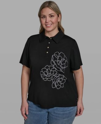 Plus Size Floral Polo Short-Sleeve Top