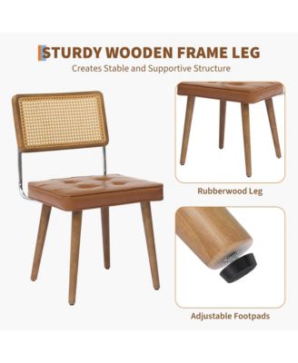 Set of 6 Natural Rattan Dining Chairs, Upholstered Seat & Solid Wood Legs, Modern Boho Kitchen Seating