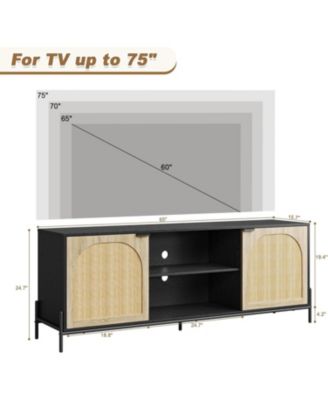 TV Stands for Living Room, Tv Stand for 75 inch TV with Adjustable Shelf & Rattan Door
