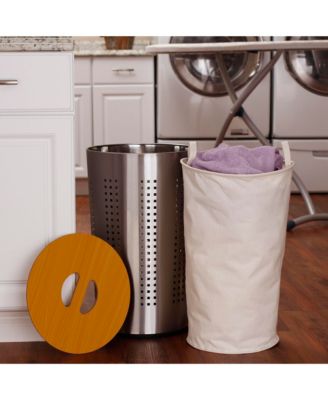 Round Metal Hamper with Engineered Wooden Lid, Stainless Steel