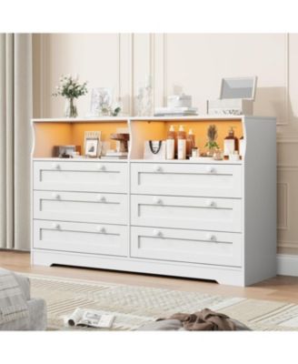 Dresser for Bedroom with 6 Drawers, 55" Wide Wooden Bedroom Dresser with LED Lights & Power Outlet, Modern Large TV Dresser