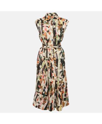 Women's Multicolor Printed Silk Button Front Belted Long Dress