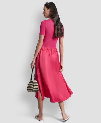 Women's Short-Sleeve Mixed Media Midi Sweater Dress