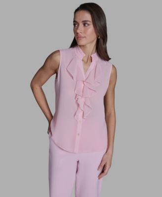 Women's Sleeveless V-Neck Ruffle Front Blouse