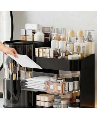 Elegant Makeup Organizer with Rotating Brush Holder & Drawers for Vanity Storage