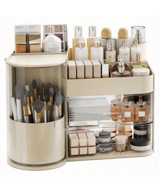 Elegant Makeup Organizer with Rotating Brush Holder & Drawers for Vanity Storage
