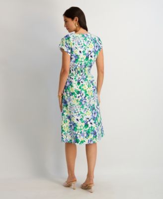 Women's Printed V-Neck Smocked-Back A-Line Dress