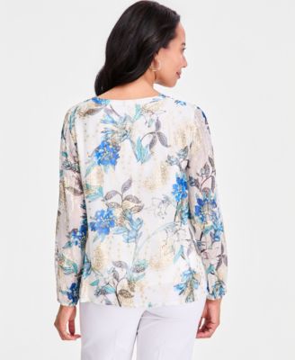 Women's Printed Clip-Dot Keyhole-Neck Blouse