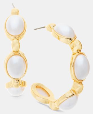 Medium Imitation Pearl C-Hoop Earrings, 1.8"