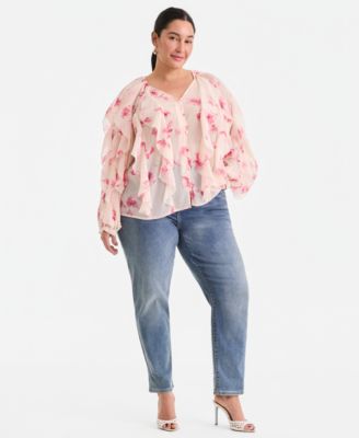 Plus Size Printed V-Neck Ruffled Blouse