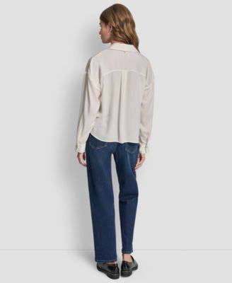 Women's Long-Sleeve Rhinestone Button-Front Shirt With Twist Hem