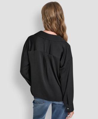 Women's Long-Sleeve Rhinestone Button-Front Shirt With Twist Hem