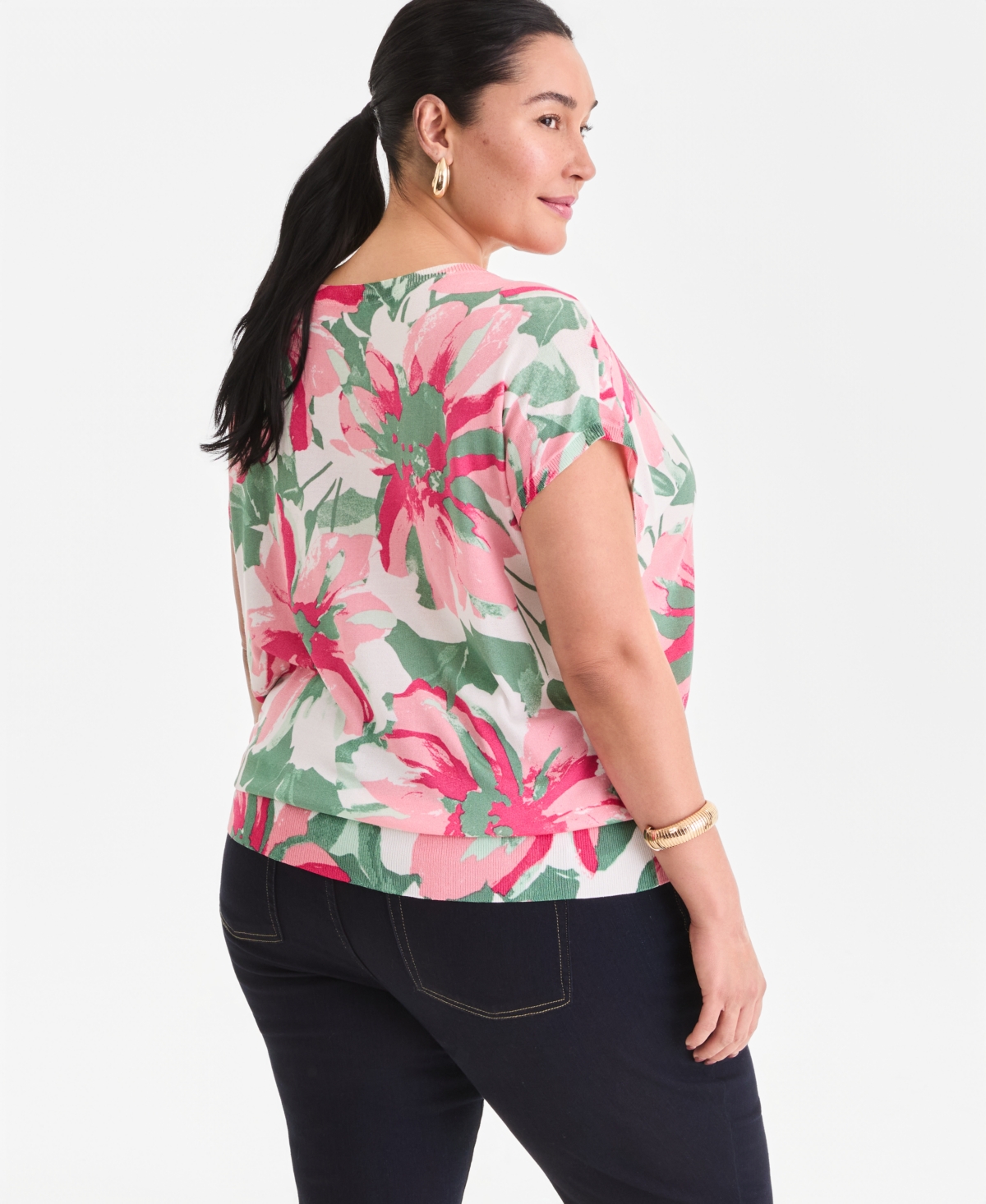 I.n.c. International Concepts Plus Printed Wide-Neck Dolman-Sleeve Sweater, Created for Macy's