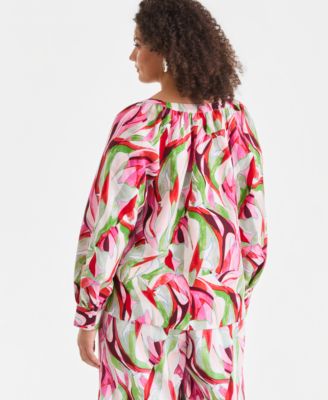 I.N.C. International Concepts Plus Size Printed Bubble-Sleeve Top