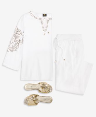 Women's Beaded Split-Neck Top & Cropped Drawstring Wide-Leg Pants, Macy's Exclusive, 