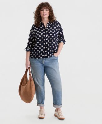 Trendy Plus Size Bloom Print Cropped Shirt
