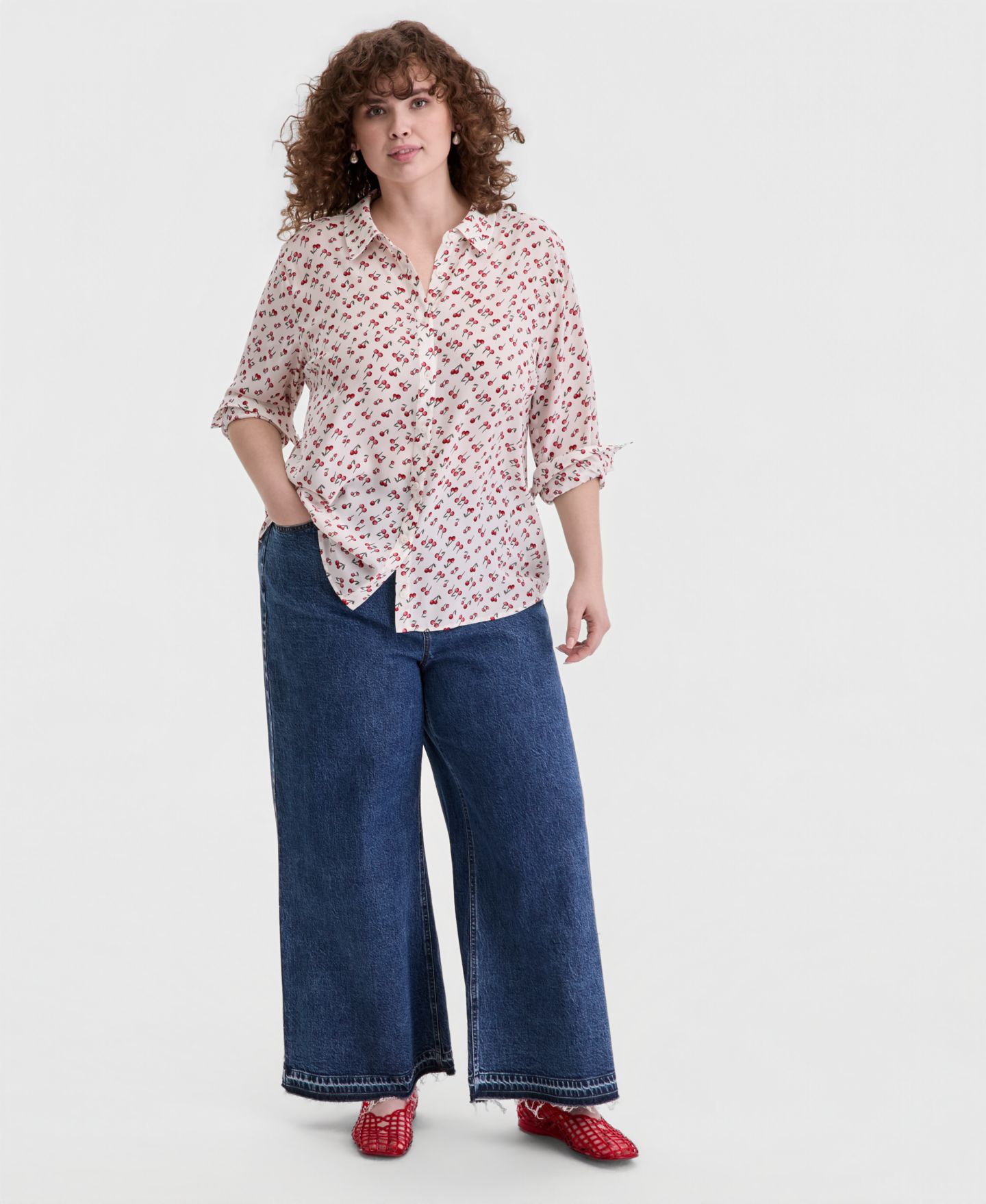 Женская рубашка On 34th Trendy Plus Size Cherry Print Silky, цвет: Зимняя слоновая кость — фото 3